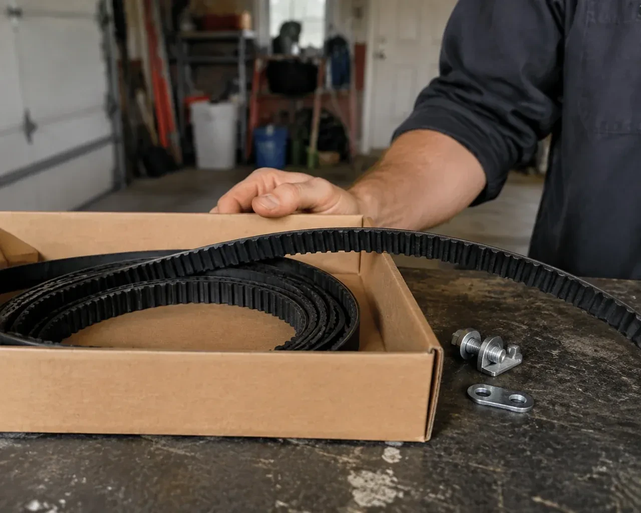 A toothed black drive belt lies in an open cardboard box beside small metal fittings on a garage workbench. — Belt-Drive Opener Repair, Markham