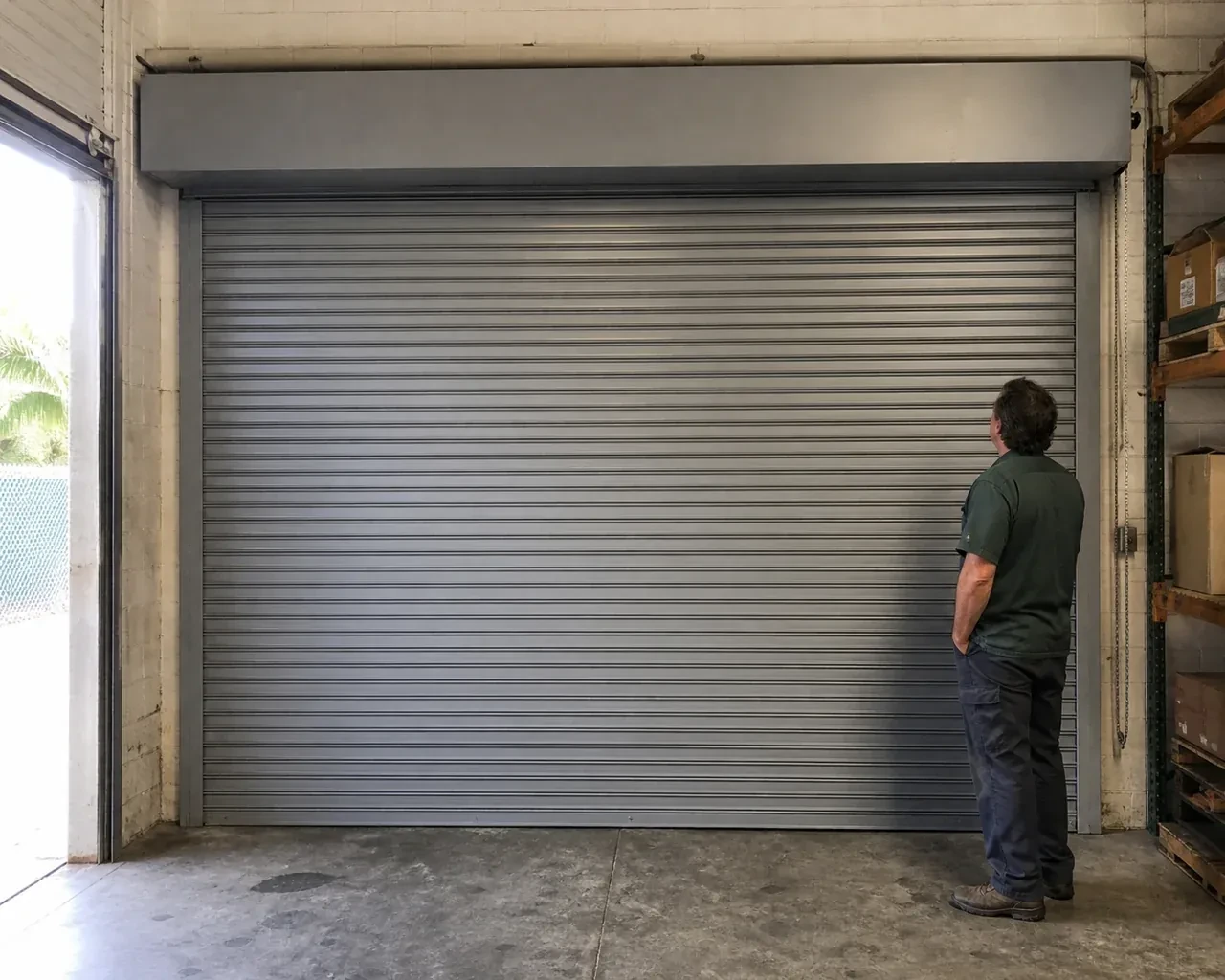 A person examines a closed metal rolling door with narrow horizontal slats, side guides and an overhead hood in a warehouse. — Commercial Rolling Door Repair, Markham
