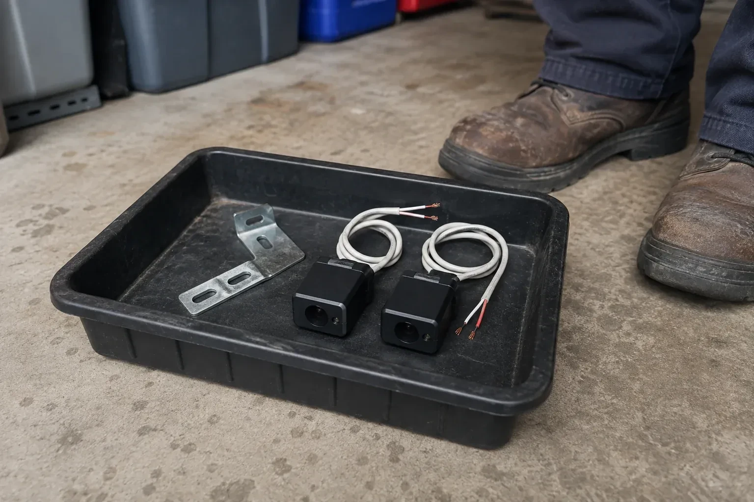 Two detached black sensors with recessed lenses and coiled wires lie in a tray beside a mounting bracket. — Photo-Eye Sensor Alignment or Replacement, Markham