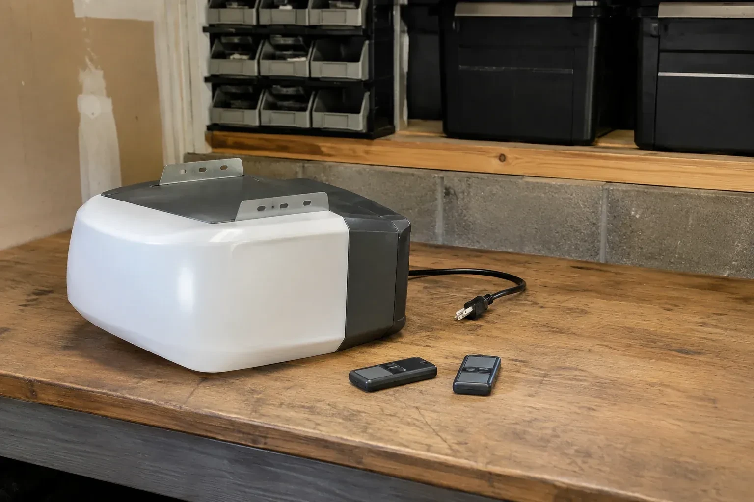 Detached opener housing and two remotes on a garage bench. — Garage Door Opener Replacement, Markham