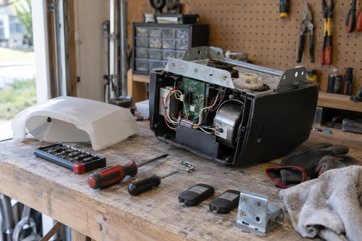 Opened garage-door opener motor with a green circuit board on a workbench beside its white cover, two remotes and screwdrivers.