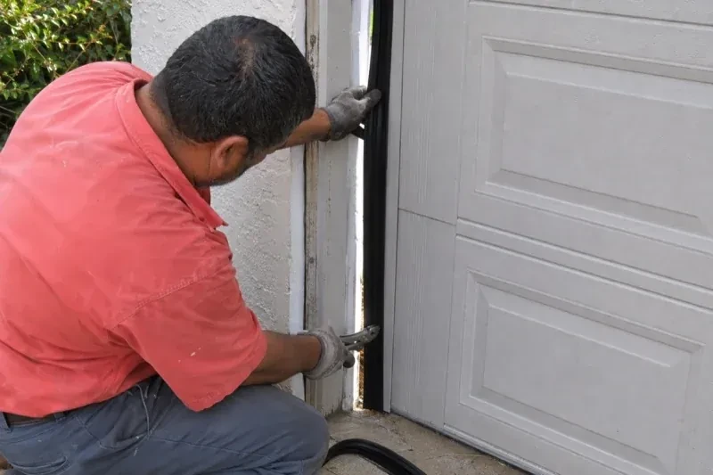 Gloved person holding a black strip along the side of a sectional garage-door opening — Garage Door Perimeter Weatherstrip, Markham