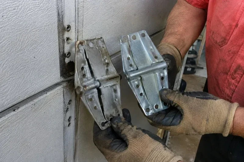 Gloved hands holding two metal garage-door hinges side by side, one discolored with a visible crack and the other bright silver. — Garage Door Hinge Replacement, Markham
