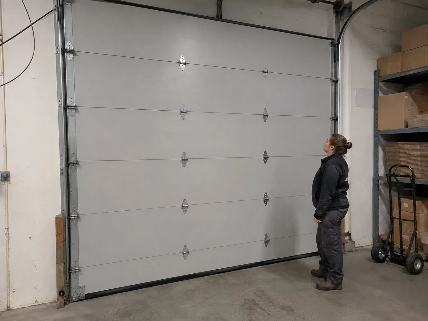 A person looks at a tall closed sectional door with broad panels, hinges and side tracks in a warehouse. — Commercial Sectional Door Repair, Markham