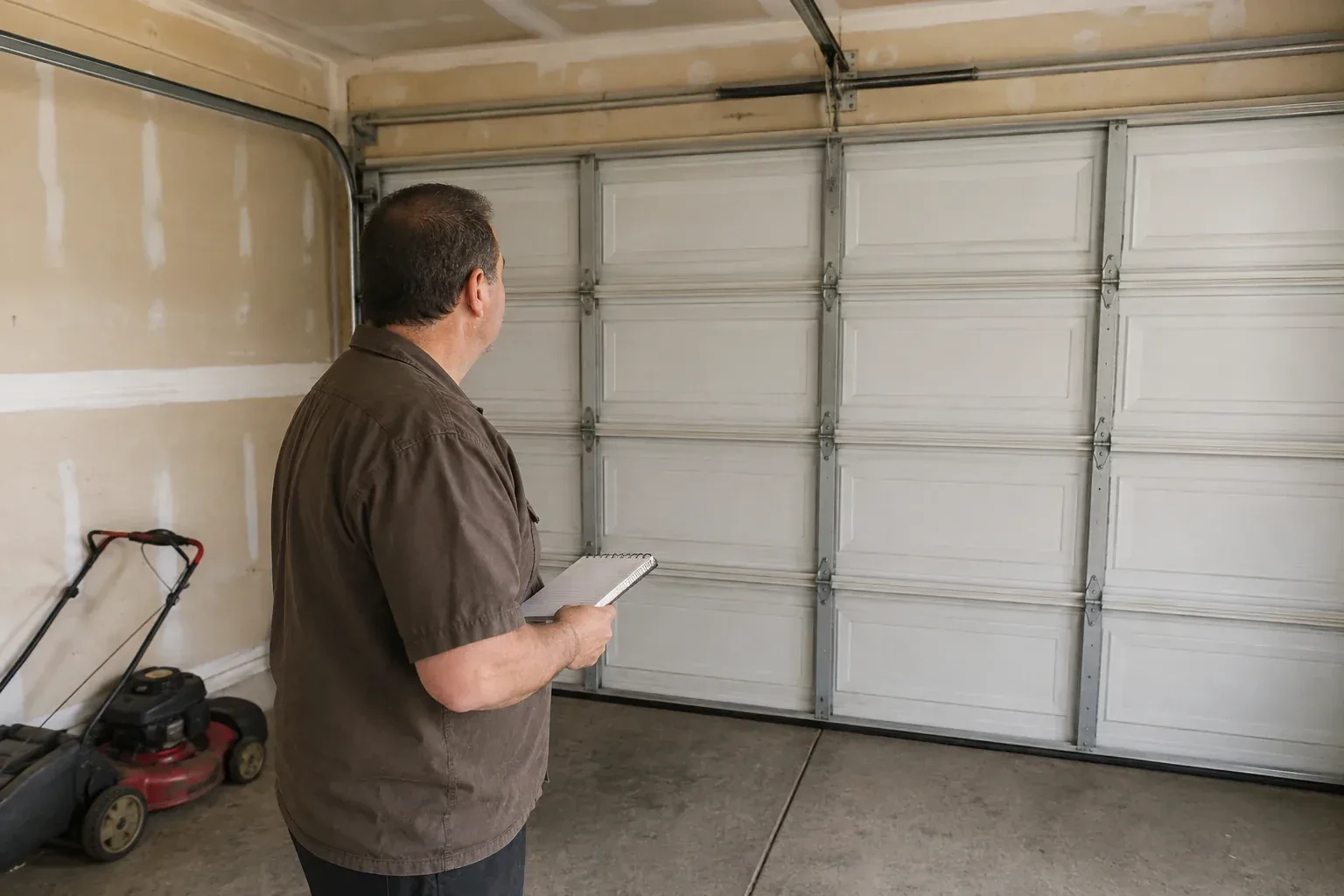 Technician holding a notebook while looking at a closed sectional door. — Garage Door Balance Adjustment, Markham
