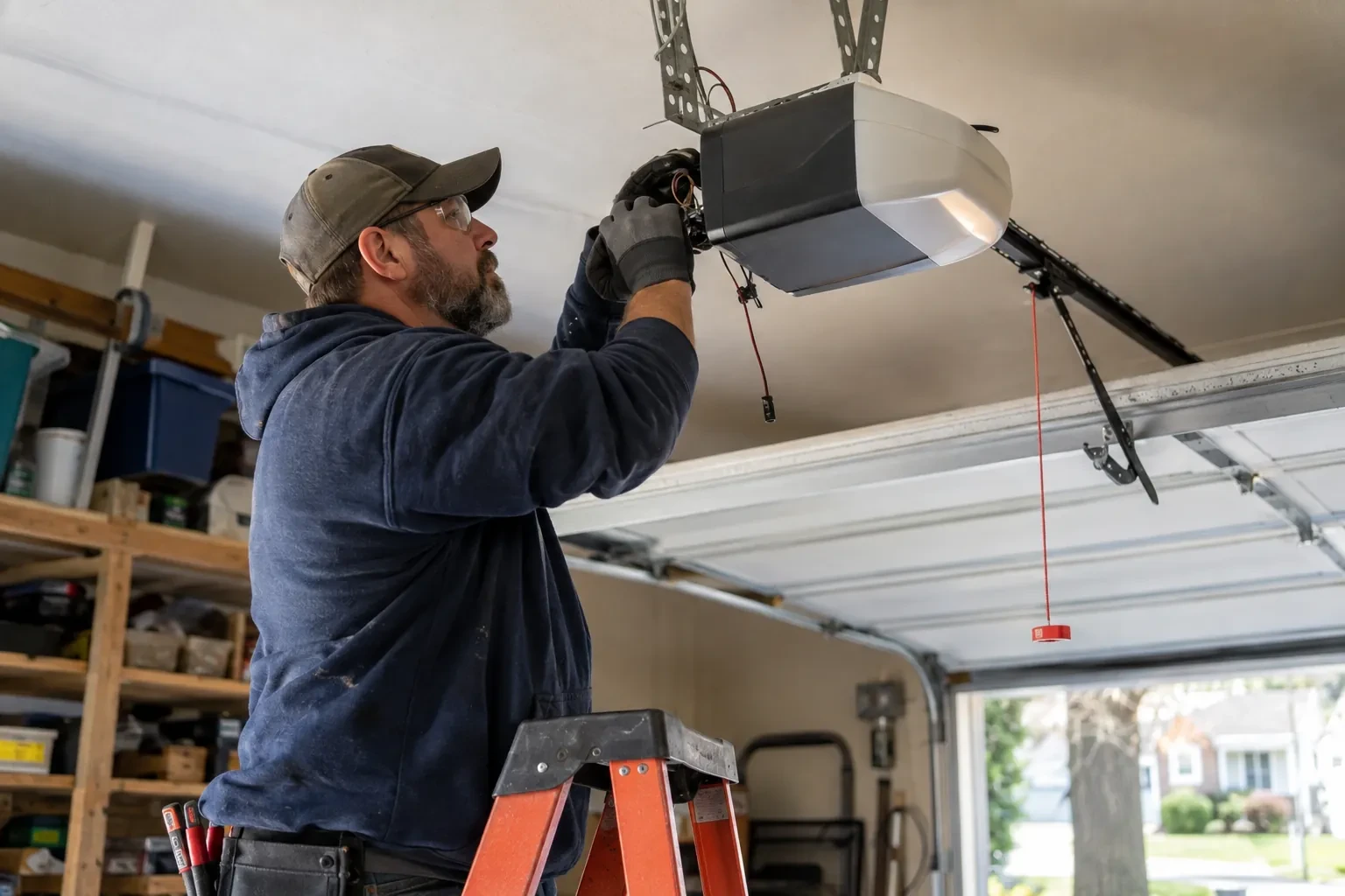 Technician on an orange stepladder reaching gloved hands into a ceiling opener, with loose wires and a red pull cord hanging below.
