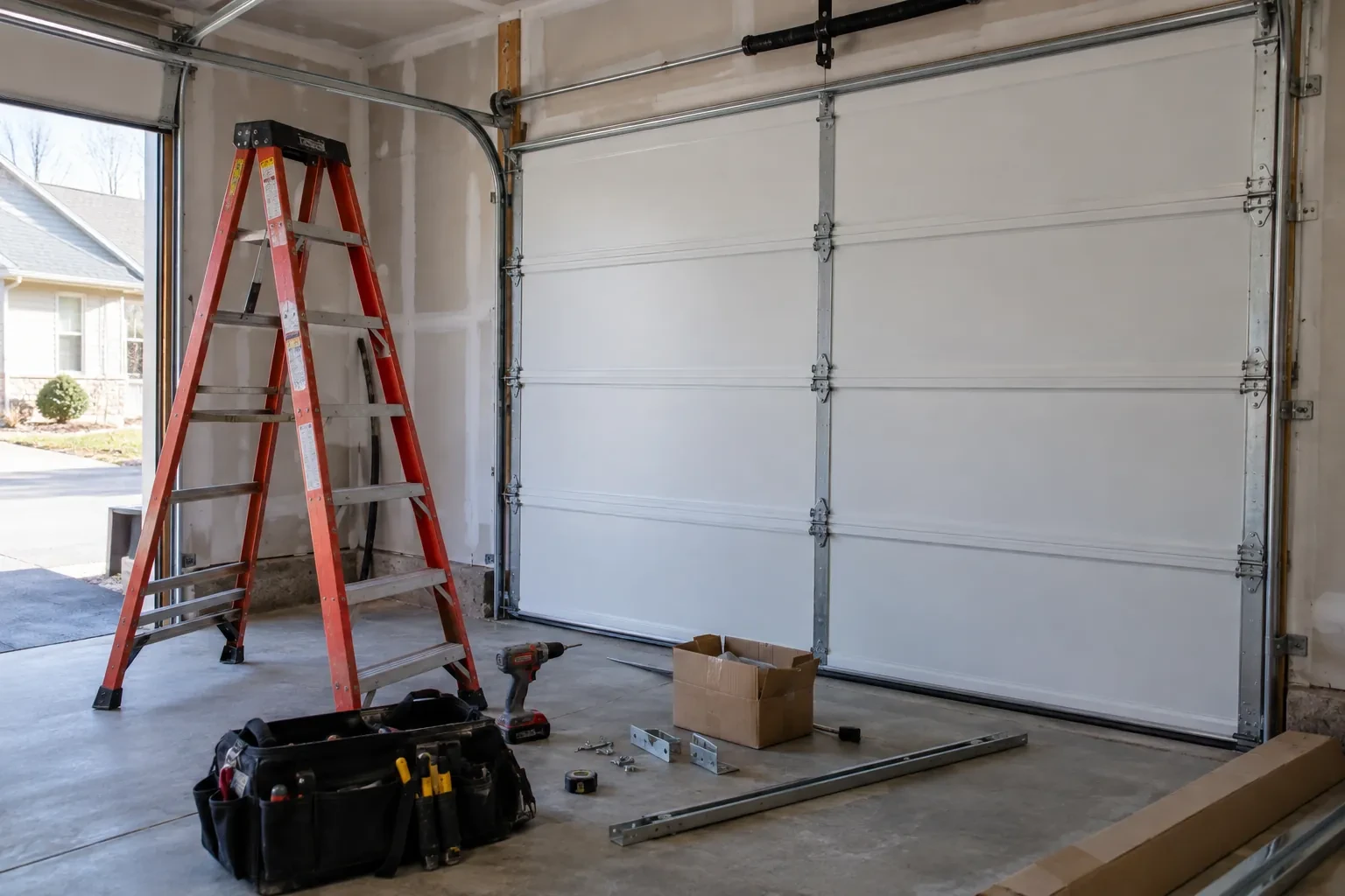White sectional garage door with an orange stepladder, tool bag, drill, loose steel track pieces and a cardboard box on the floor.