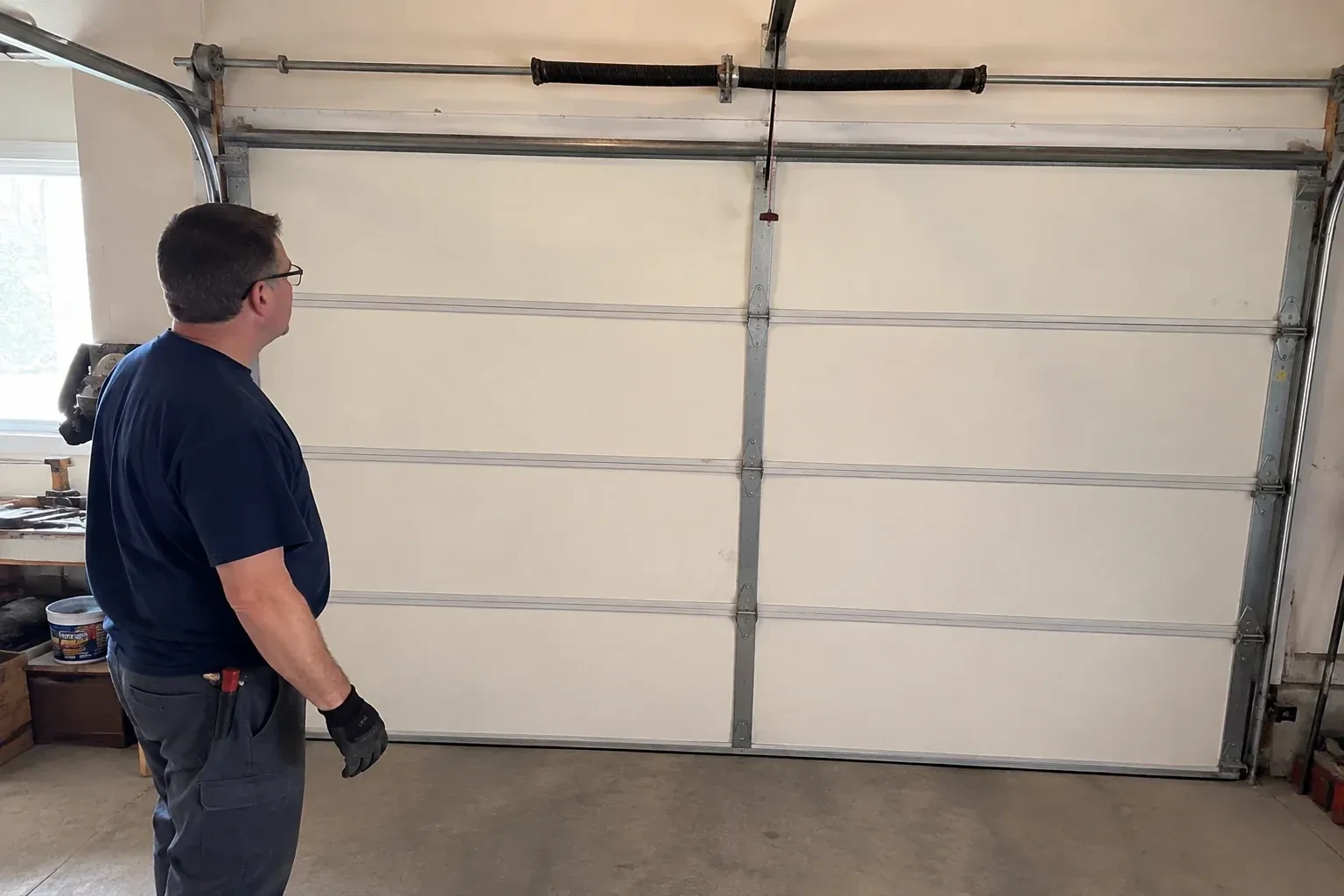 Person in a dark shirt standing before a closed cream sectional door, looking up at a coiled spring and red-tipped cord. — Off-Track Garage Door Reset, Markham