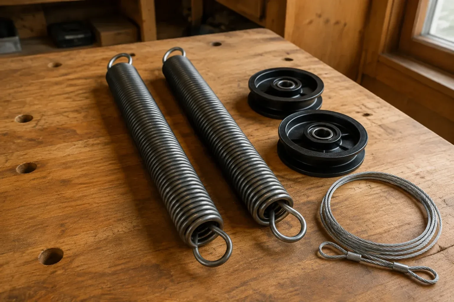 Two coiled extension springs with looped ends, two black pulleys and a loop of steel cable on a worn wooden workbench. — Extension Spring Replacement, Markham