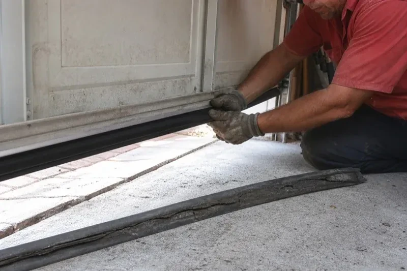 Person fitting a black strip along the bottom edge of a partly raised garage door, with a cracked strip lying on the floor. — Garage Door Bottom Seal Replacement, Markham