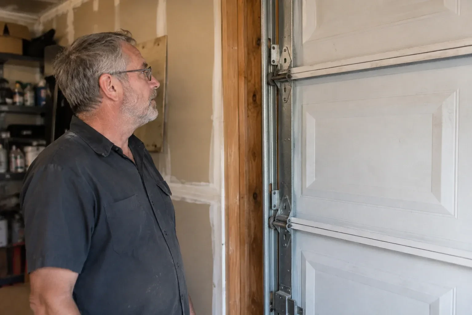 Technician looking at vertical garage door track and edge hinges. — Garage Door Track Repair or Replacement, Markham