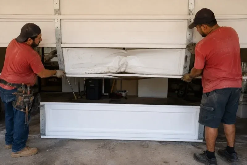 Two people holding a dented lower garage-door section above a separate white panel resting on the ground. — Garage Door Panel Replacement, Markham