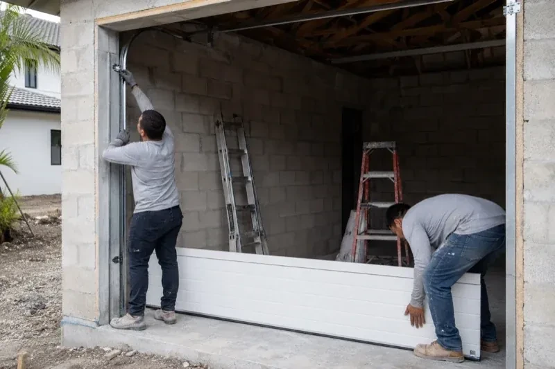 Two people positioning a white garage-door panel and side track in an unfinished masonry garage. — New-Construction Garage Door Installation, Markham