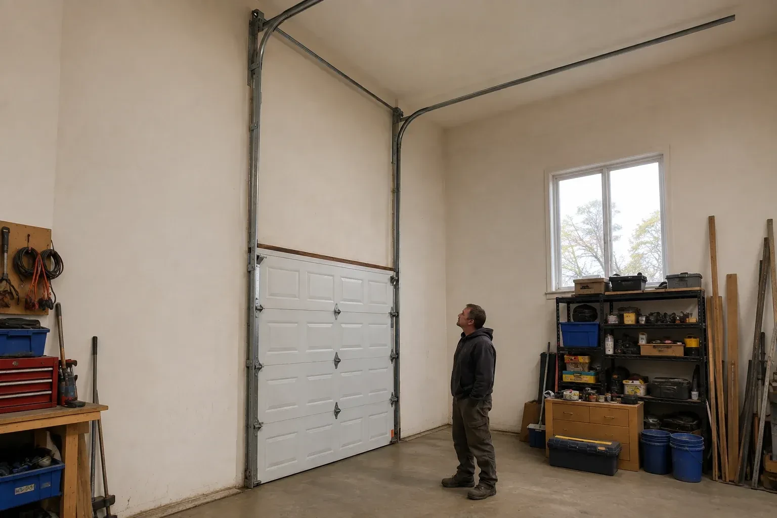 Vertical tracks extend above a closed garage door before curving near a high ceiling, while a person looks upward. — High-Lift Garage Door Conversion, Markham